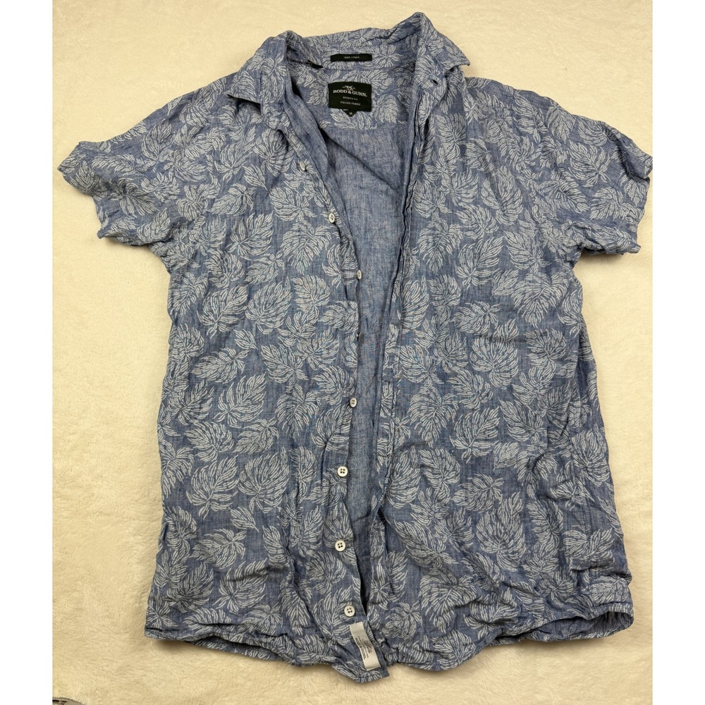 Rodd & Gunn Mens Medium Blue White Leaf Print 100% Linen Italian Fabric Shirt